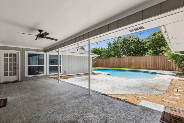 6714 Barkworth Dr, Dallas, TX 75248 - view of pool featuring ceiling fan, a patio, and a fenced backyard