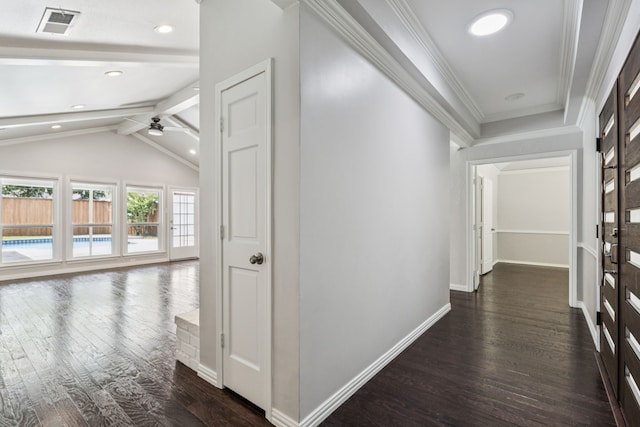 6714 Barkworth Dr, Dallas, TX 75248 - hallway with dark wood-style floors, crown molding, and recessed lighting