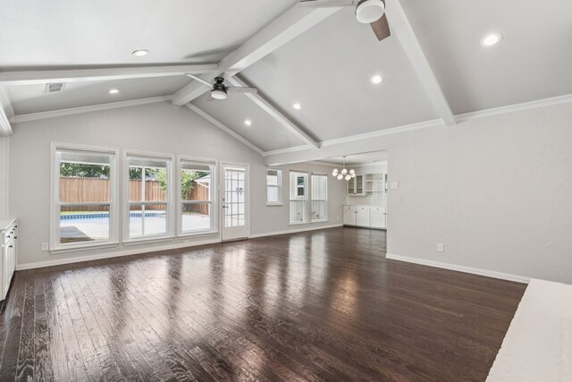 6714 Barkworth Dr, Dallas, TX 75248 - unfurnished living room with ceiling fan, a chandelier, wood finished floors, and recessed lighting