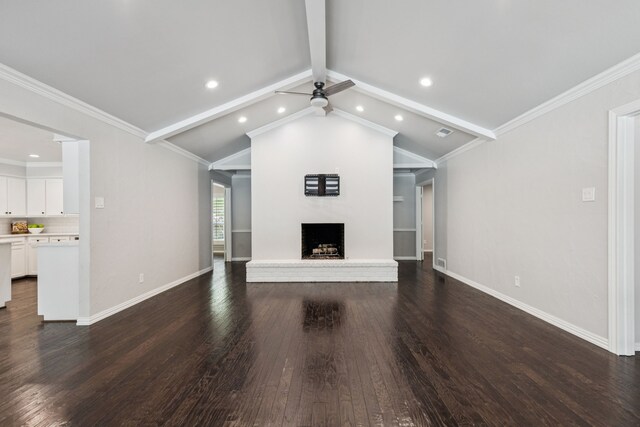 6714 Barkworth Dr, Dallas, TX 75248 - unfurnished living room with dark wood-type flooring, ceiling fan, a fireplace with raised hearth, and recessed lighting