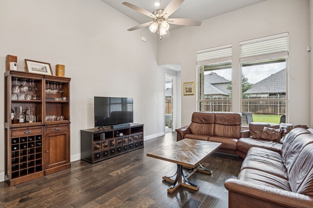 12229 Prudence Dr, Fort Worth, TX 76052 - living room with ceiling fan, a high ceiling, and dark wood-type flooring