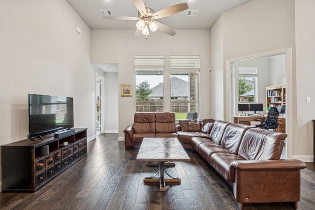12229 Prudence Dr, Fort Worth, TX 76052 - living room with an office area, ceiling fan, and dark wood finished floors