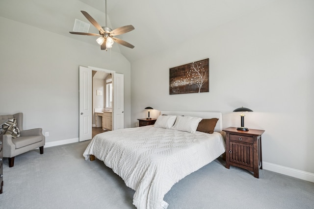12229 Prudence Dr, Fort Worth, TX 76052 - carpeted bedroom featuring vaulted ceiling, a ceiling fan, and connected bathroom