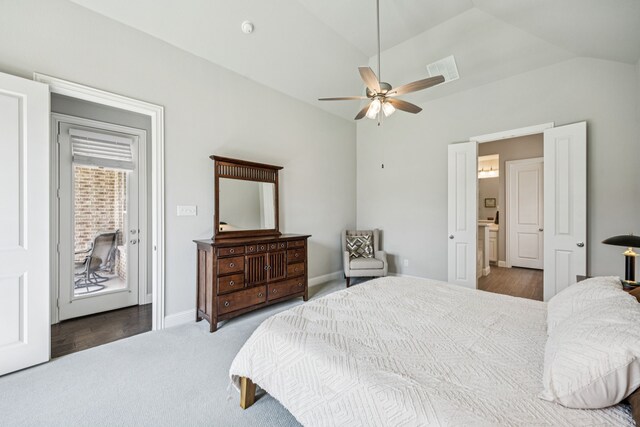 12229 Prudence Dr, Fort Worth, TX 76052 - bedroom featuring vaulted ceiling, access to outside, carpet, and ceiling fan