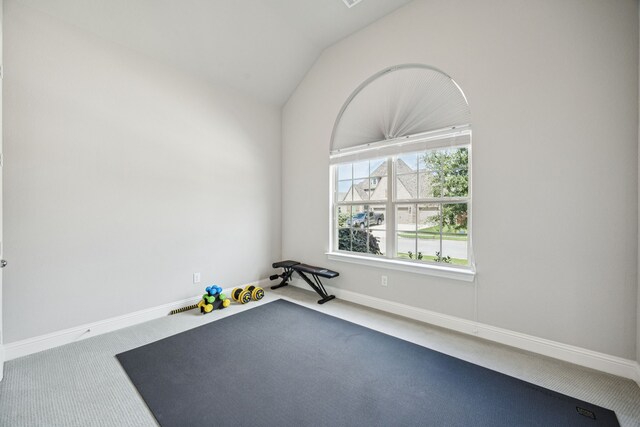 12229 Prudence Dr, Fort Worth, TX 76052 - exercise room featuring carpet floors and vaulted ceiling