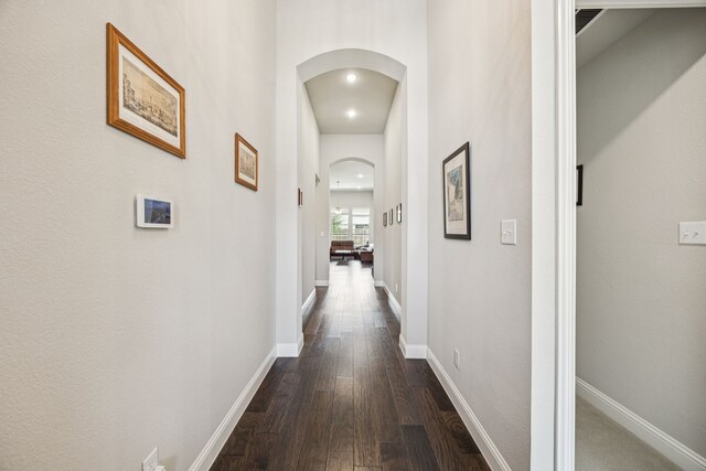 12229 Prudence Dr, Fort Worth, TX 76052 - hallway with arched walkways, dark wood-style flooring, and recessed lighting