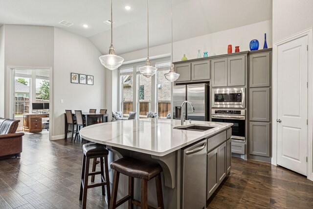 12229 Prudence Dr, Fort Worth, TX 76052 - kitchen with stainless steel appliances, gray cabinetry, lofted ceiling, dark wood finished floors, and an island with sink