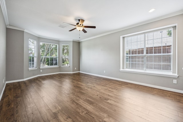 1613 Country Brook Ln, Allen, TX 75002 - empty room with a ceiling fan, dark wood finished floors, and ornamental molding