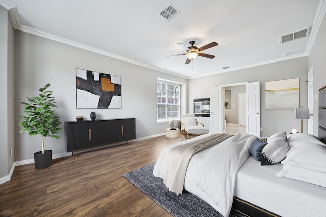 1613 Country Brook Ln, Allen, TX 75002 - bedroom with wood finished floors, ornamental molding, and ceiling fan