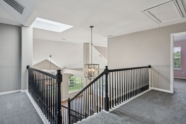 1613 Country Brook Ln, Allen, TX 75002 - stairs with carpet floors, attic access, plenty of natural light, and a chandelier