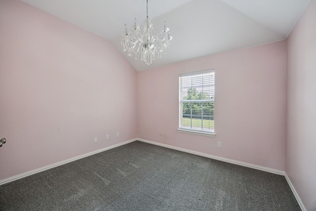 1613 Country Brook Ln, Allen, TX 75002 - spare room with vaulted ceiling, a chandelier, and dark colored carpet