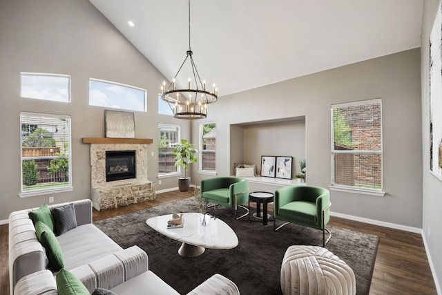 1613 Country Brook Ln, Allen, TX 75002 - living area with wood finished floors, a chandelier, plenty of natural light, high vaulted ceiling, and recessed lighting