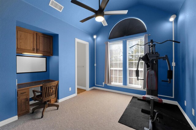 6420 Shady Oaks Ln, Midlothian, TX 76065 - workout room featuring vaulted ceiling, ceiling fan, and carpet flooring