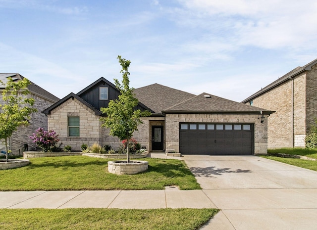 1211 Sweetleaf St, Melissa, TX 75454 - view of front of home with an attached garage, driveway, a front yard, roof with shingles, and board and batten siding