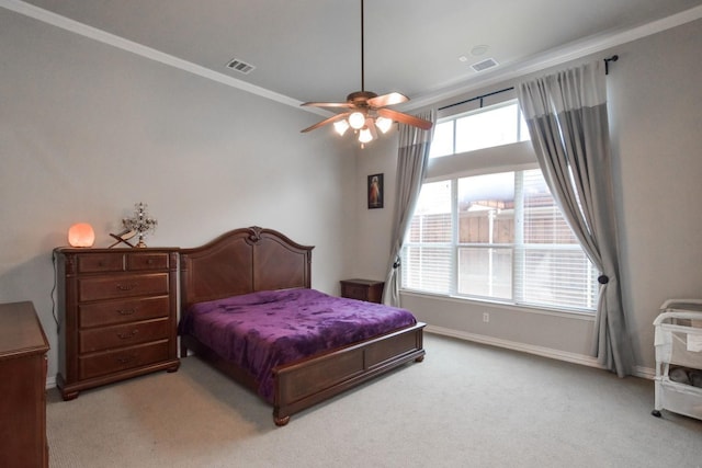 9750 Candlewood Dr, Frisco, TX 75033 - bedroom with crown molding, light colored carpet, and a ceiling fan