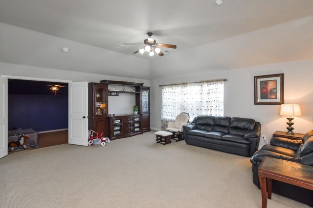 9750 Candlewood Dr, Frisco, TX 75033 - carpeted living area featuring a ceiling fan and lofted ceiling