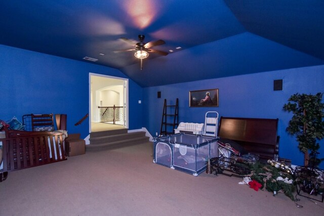 9750 Candlewood Dr, Frisco, TX 75033 - carpeted home office featuring vaulted ceiling and a ceiling fan