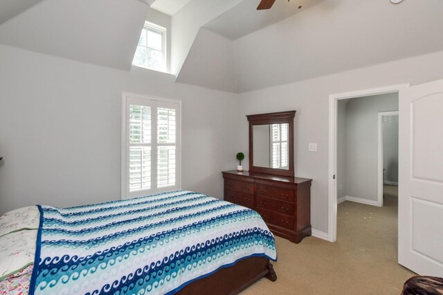 9750 Candlewood Dr, Frisco, TX 75033 - bedroom with light colored carpet, high vaulted ceiling, and a ceiling fan