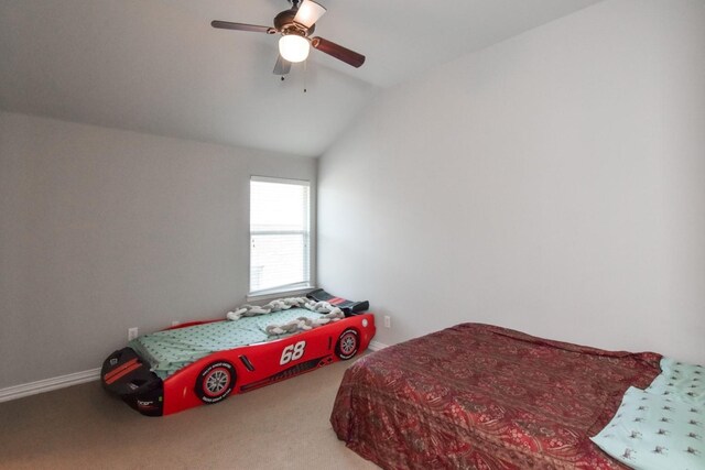 9750 Candlewood Dr, Frisco, TX 75033 - bedroom featuring vaulted ceiling, carpet flooring, and a ceiling fan