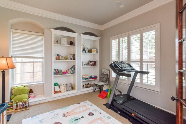 9750 Candlewood Dr, Frisco, TX 75033 - workout room with carpet floors, healthy amount of natural light, and crown molding