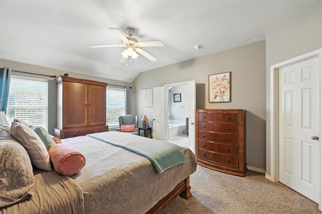9210 Wild River Dr, Arlington, TX 76002 - bedroom with light colored carpet, vaulted ceiling, ensuite bath, and ceiling fan