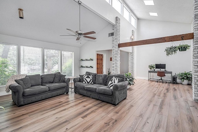 5800 Thoreau Ln, Arlington, TX 76016 - living area with an office area, a ceiling fan, light wood finished floors, high vaulted ceiling, and a textured ceiling