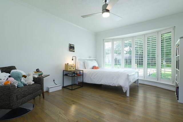 4232 Meadowdale Ln, Dallas, TX 75229 - bedroom with crown molding, multiple windows, dark wood-style floors, and ceiling fan