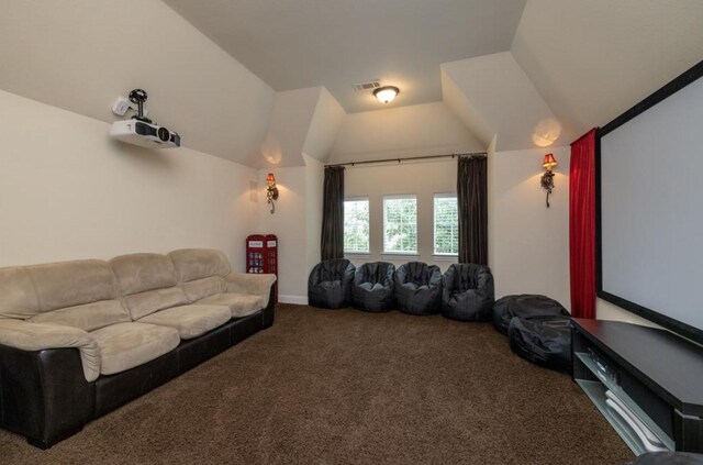 6812 S Fork Dr, North Richland Hills, TX 76182 - home theater room featuring carpet flooring and lofted ceiling