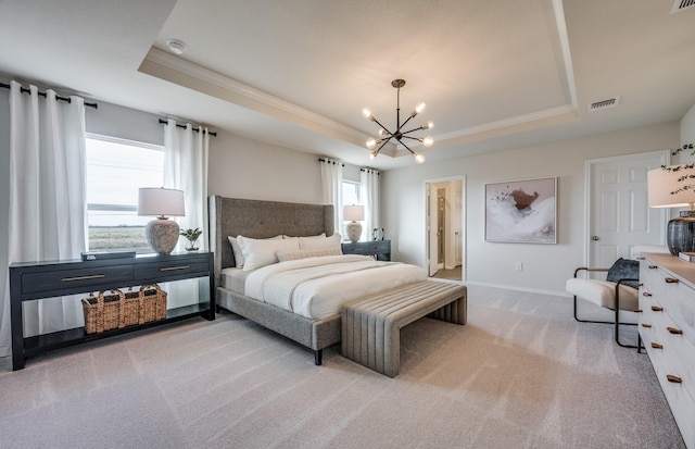 7518 Fenton Pkwy, Pilot Point, TX 76258 - carpeted bedroom with a tray ceiling, ornamental molding, and a chandelier