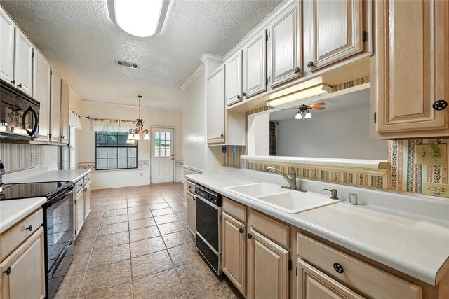 2116 S Winding Creek Dr, Grapevine, TX 76051 - kitchen featuring black appliances, a textured ceiling, light countertops, ceiling fan, and a chandelier