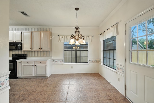 2116 S Winding Creek Dr, Grapevine, TX 76051 - kitchen with black appliances, a chandelier, crown molding, light countertops, and hanging light fixtures