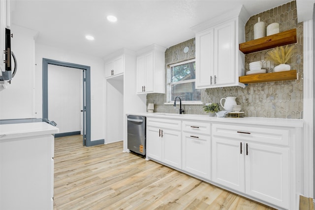 612 Circleview Dr S, Hurst, TX 76054 - kitchen featuring open shelves, stainless steel dishwasher, light countertops, light wood finished floors, and recessed lighting