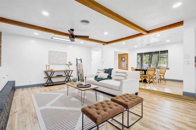 612 Circleview Dr S, Hurst, TX 76054 - living area with beamed ceiling, recessed lighting, light wood-type flooring, and a ceiling fan