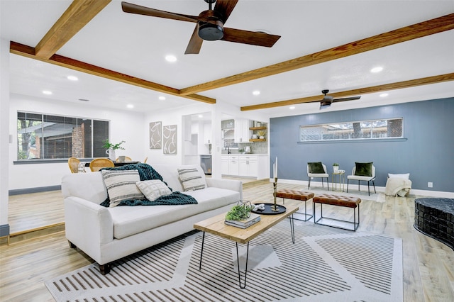 612 Circleview Dr S, Hurst, TX 76054 - living room featuring ceiling fan, recessed lighting, light wood-style floors, and beam ceiling