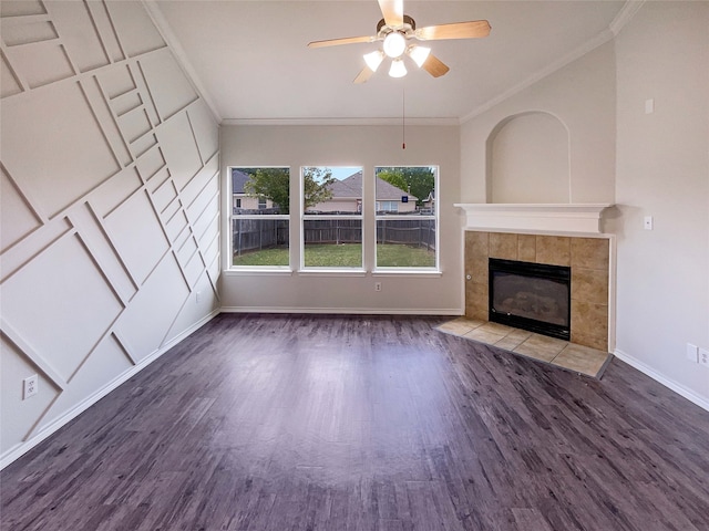 1207 Whitecreek Dr, Glenn Heights, TX 75154 - unfurnished living room with wood finished floors, crown molding, a ceiling fan, and a tiled fireplace