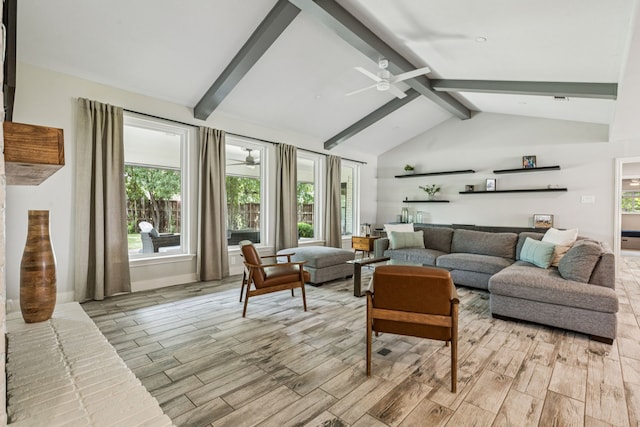 6010 Preston Creek Dr, Dallas, TX 75240 - living area with a ceiling fan, beam ceiling, wood finish floors, and high vaulted ceiling