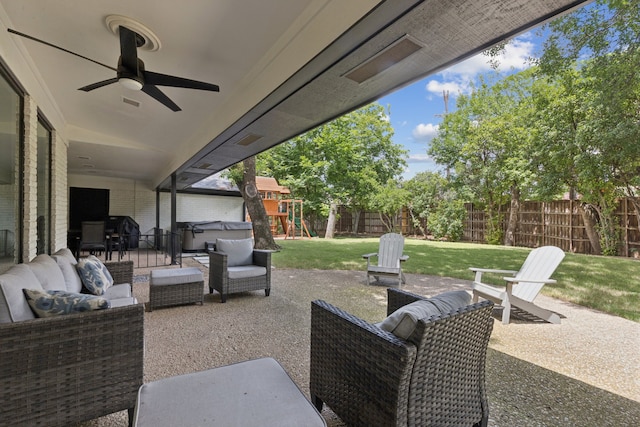 6010 Preston Creek Dr, Dallas, TX 75240 - fenced backyard featuring outdoor lounge area, a patio area, a playground, and ceiling fan
