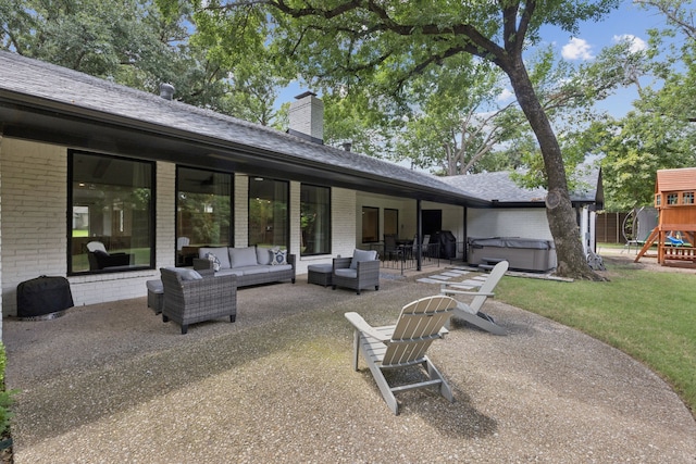 6010 Preston Creek Dr, Dallas, TX 75240 - view of patio featuring a hot tub, outdoor lounge area, and a playground