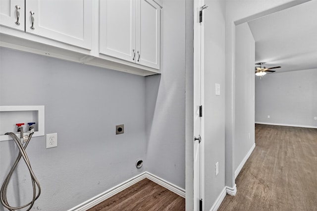 515 W Broad St, Pilot Point, TX 76258 - laundry area featuring cabinet space, dark wood-style floors, hookup for a washing machine, a ceiling fan, and electric dryer hookup