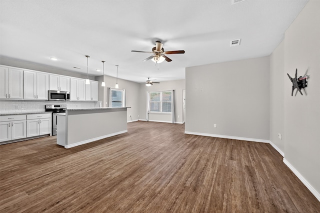 515 W Broad St, Pilot Point, TX 76258 - kitchen featuring stainless steel appliances, a ceiling fan, dark wood-type flooring, open floor plan, and white cabinetry