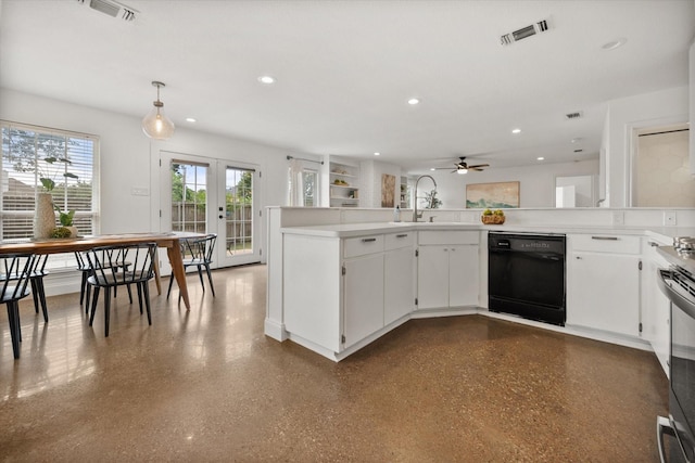3302 Mckamy Oaks Trl, Arlington, TX 76017 - kitchen featuring black dishwasher, french doors, ceiling fan, white cabinets, and recessed lighting
