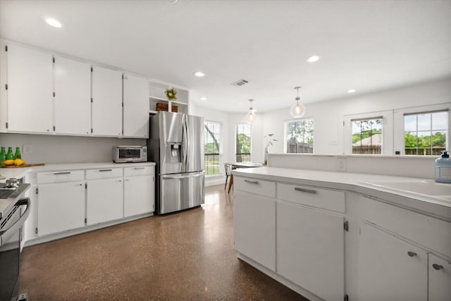 3302 Mckamy Oaks Trl, Arlington, TX 76017 - kitchen with stainless steel refrigerator with ice dispenser, white cabinetry, recessed lighting, light countertops, and open shelves