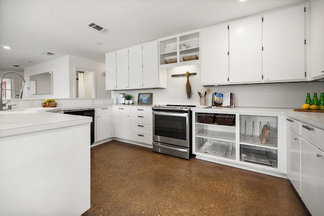 3302 Mckamy Oaks Trl, Arlington, TX 76017 - kitchen with stainless steel range with electric cooktop, black dishwasher, open shelves, white cabinetry, and recessed lighting