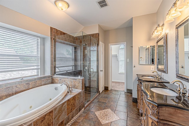 1900 Sumac Dr, Flower Mound, TX 75028 - full bath with a stall shower, a tub with jets, double vanity, and lofted ceiling