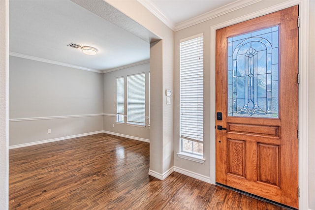 1900 Sumac Dr, Flower Mound, TX 75028 - entrance foyer with dark wood-style floors and crown molding