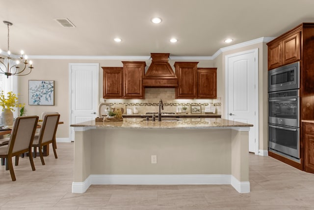 10014 Edgeway Cir, Rowlett, TX 75089 - kitchen with premium range hood, appliances with stainless steel finishes, tasteful backsplash, light stone countertops, and crown molding