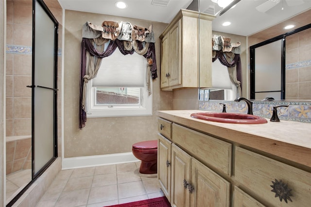 214 Island View Dr, Pottsboro, TX 75076 - bathroom featuring a shower stall, vanity, tile patterned flooring, and recessed lighting