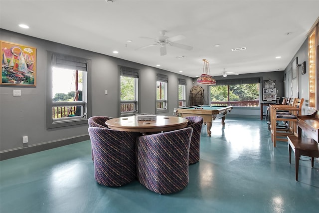 214 Island View Dr, Pottsboro, TX 75076 - recreation room featuring finished concrete flooring, billiards, recessed lighting, and ceiling fan