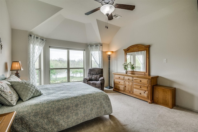 2821 Nighthawk Dr, Mesquite, TX 75181 - bedroom featuring carpet flooring, multiple windows, vaulted ceiling, and ceiling fan