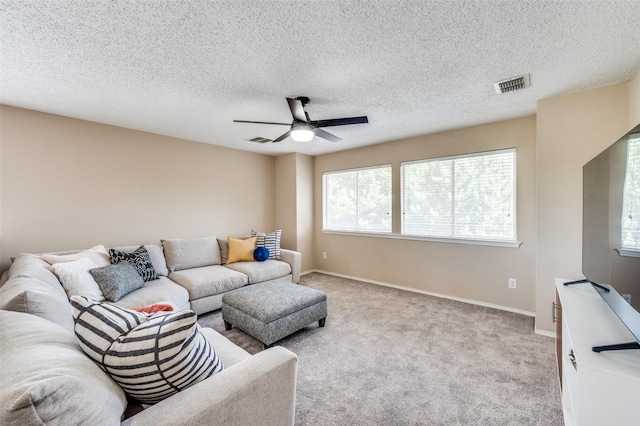 2701 Timberhill Dr, Flower Mound, TX 75028 - living room with a ceiling fan, a textured ceiling, and carpet flooring